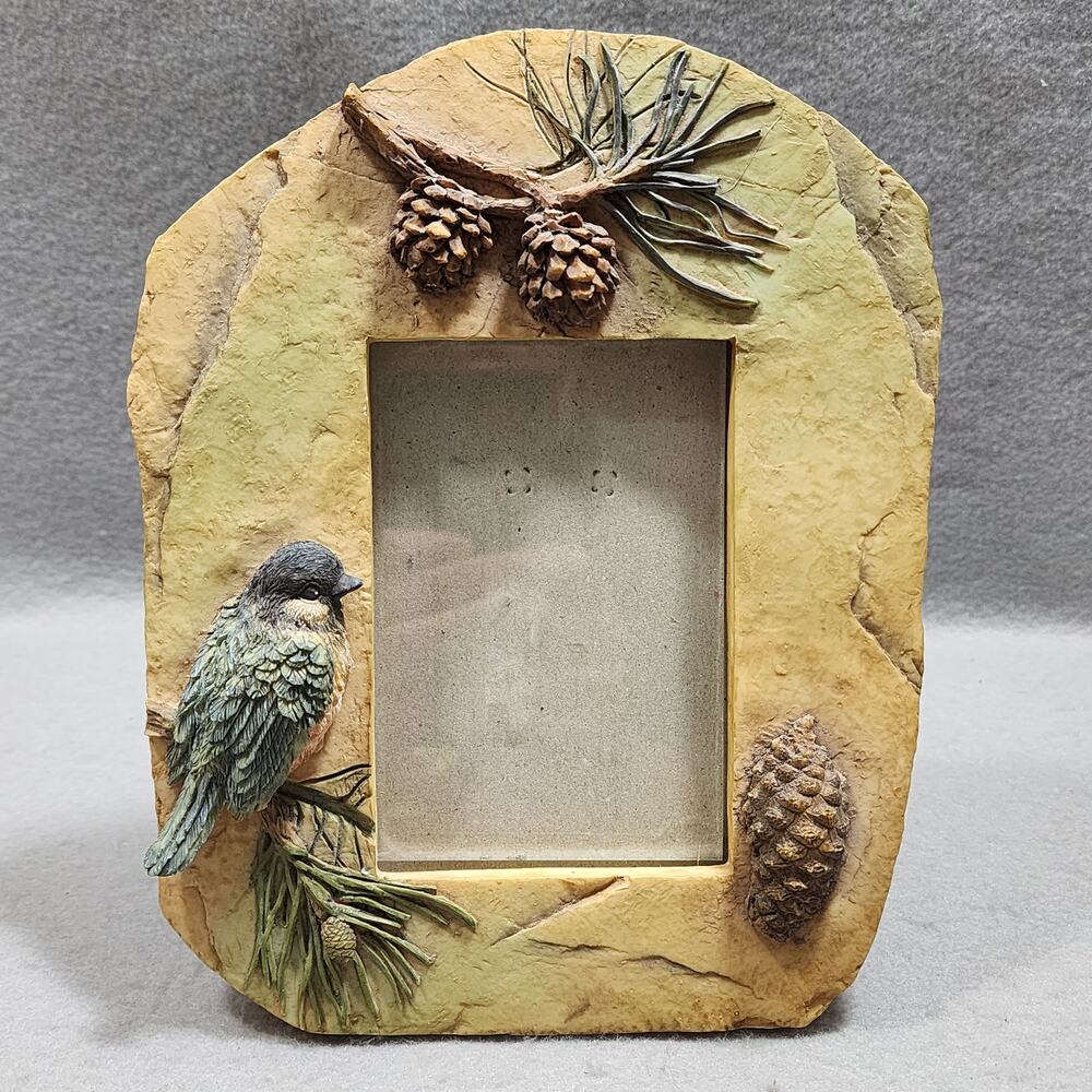 Chickadee Pine Cone 3D 3x5 Photo Picture Frame Resin Faux Stone Desk Tabletop